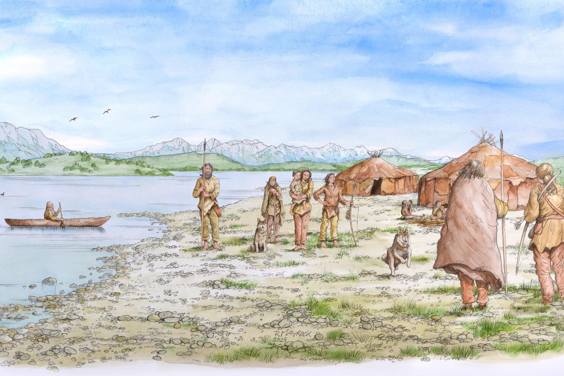 Illustration: Einzeitmenschen-Gruppe vor Jurten an Gewässer, im Hintergrund: schneebedeckte Berge